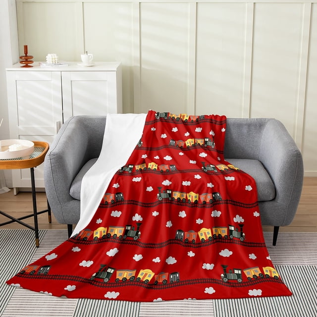 Erosebridal Cartoon Train Flannel Blanket, Railway Sherpa Throw, Steam Engine Decor
