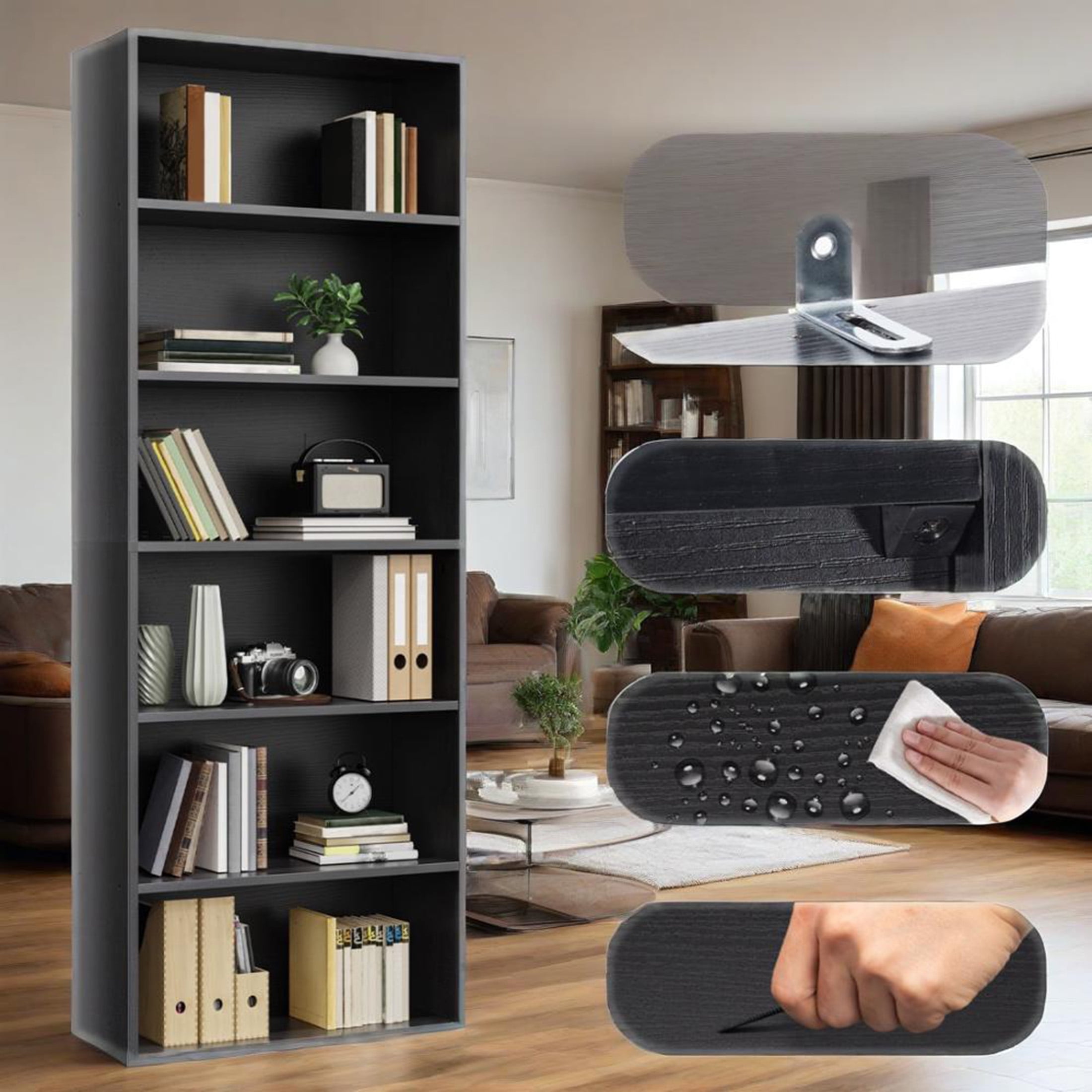 CONCETTA 6 Shelf Bookcase, 63 Inch Tall Floor Standing Open Bookshelf for Home Office and Living Room, Black