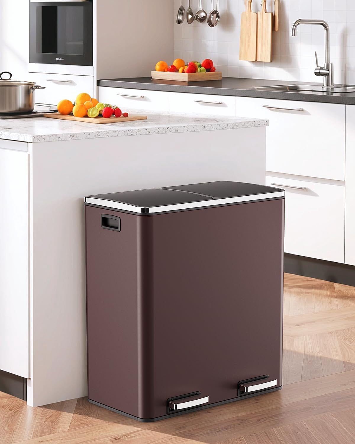 LAZY BUDDY Dual Compartment Recycling Trash Can with Soft-Close Lid and Removable Liner Buckets, 60 Liter / 16 Gallon, Rectangular