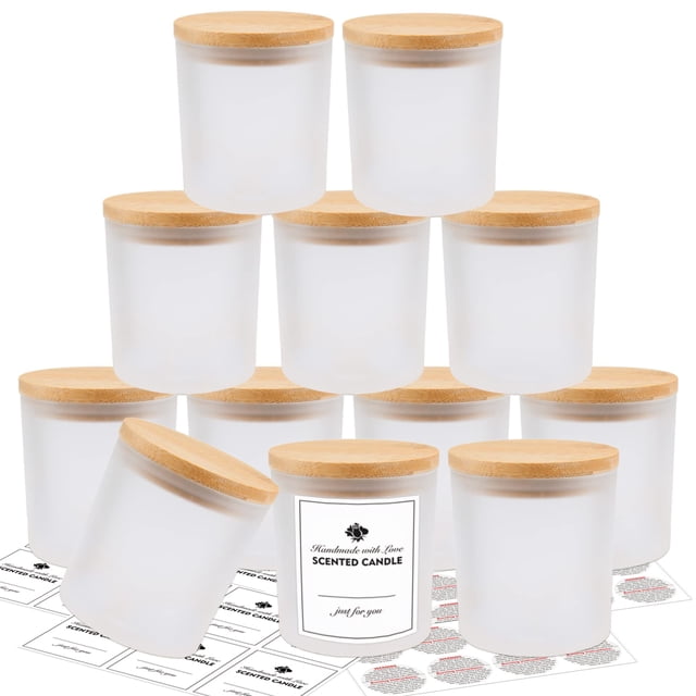 Frascos para velas SUPMIND, 12 unidades, 10 oz, vidrio esmerilado con tapas de bambú