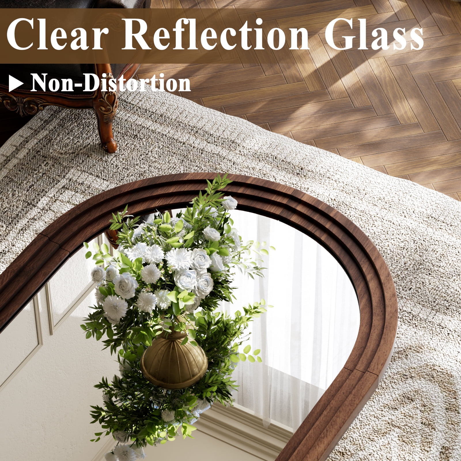 Easy4Home 40"x30" Arched Bathroom Mirror with Wooden Frame Decorative Wall Mounted Mirror, Brown