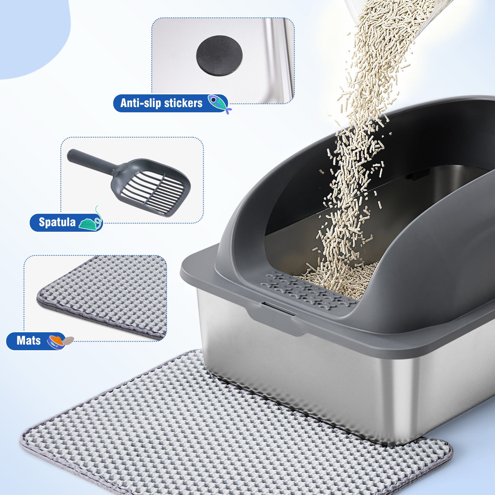 Gianna Extra Large Stainless Steel Cat Litter Box with Lid, High Wall Enclosure, Non-Stick and Leak-Proof Metal Tray, Easy to Clean, Dark gary