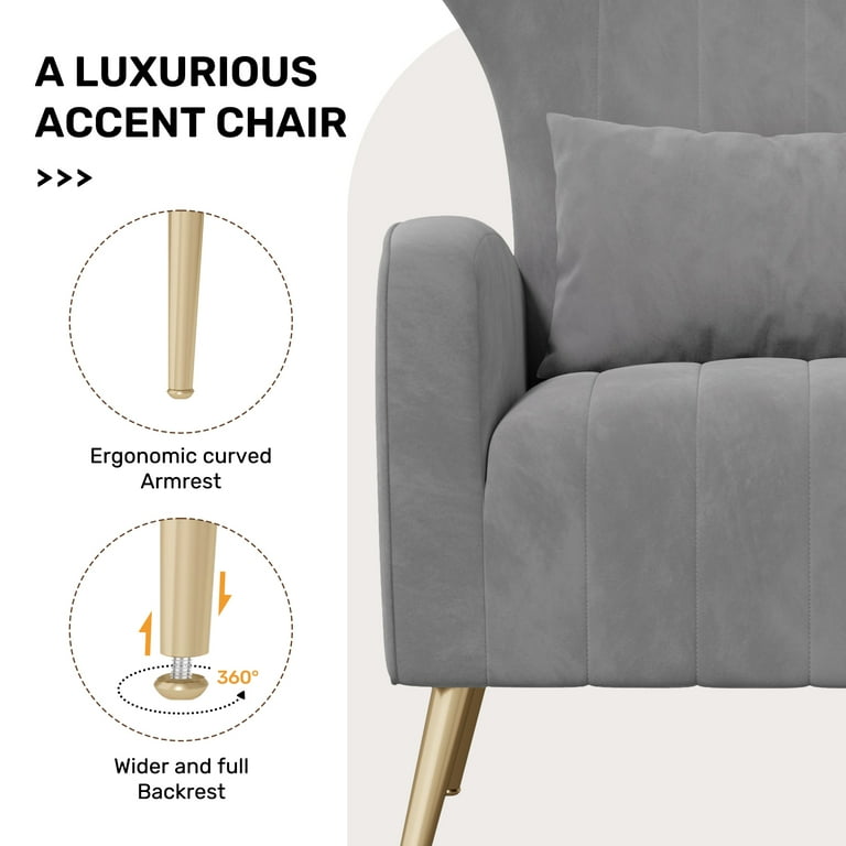 Hawsaiy Velvet Wingback Accent Chair with Golden Legs, Gray photo 3