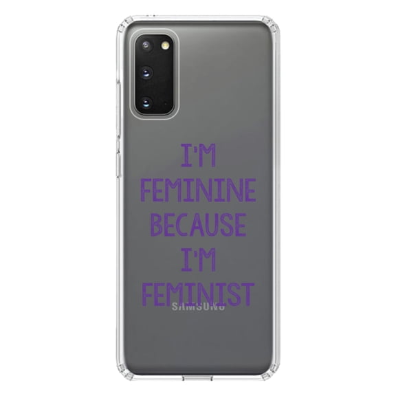 DistinctInk Clear Shockproof Hybrid Case for Galaxy S20 ULTRA / 5G (6.9" Screen) - TPU Bumper Acrylic Back Tempered Glass Screen Protector - I'm Feminine Because I'm Feminist