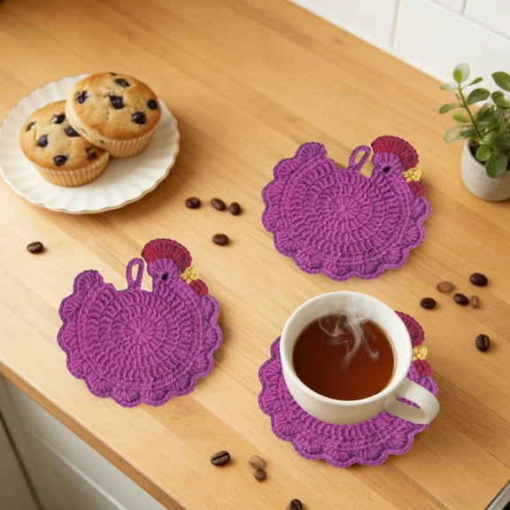 Handmade Crochet Coaster for Drinks, Chicken Design Coaster for Kitchen Table Decor, Absorbent Cotton Coaster for Coffee Mug, Tea Cup, Glassware, Cute Kitchen Accessories, Home Decor Gift