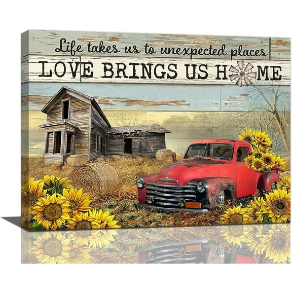 Country Old Truck Sunflower Wall Art Rustic Red Truck Pictures Wall Decor Farmhouse Barn Painting Canvas Prints Modern Home Artwork Decorations for Bathroom Bedroom Office Framed 16"x12"