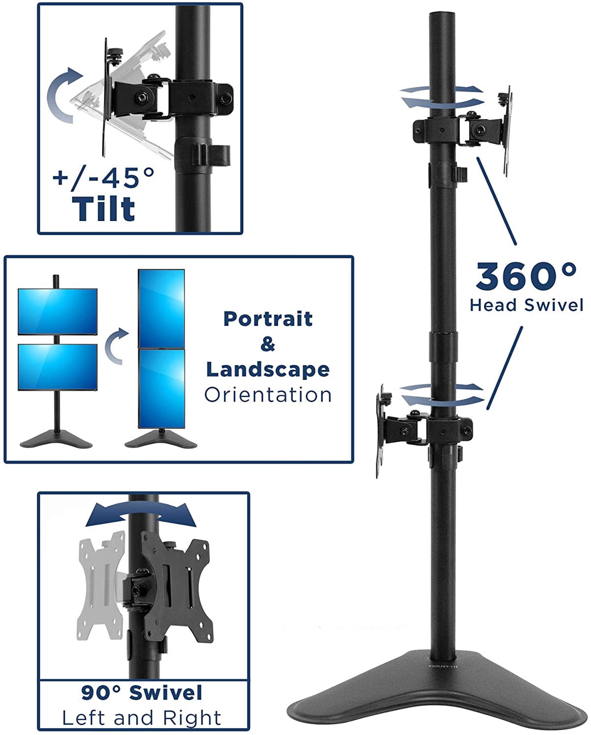 Vertical Dual Monitor Stand for Two 13-32 Inch Screens, Height Adjustable  Standing Pole with Tilt Swivel Rotate, Ergonomic VESA Riser, Black