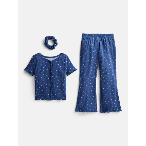 Wonder Nation Girls Ribbed Top and Pants Pajama Set with Scrunchie, 2 Piece, Sizes 4-18