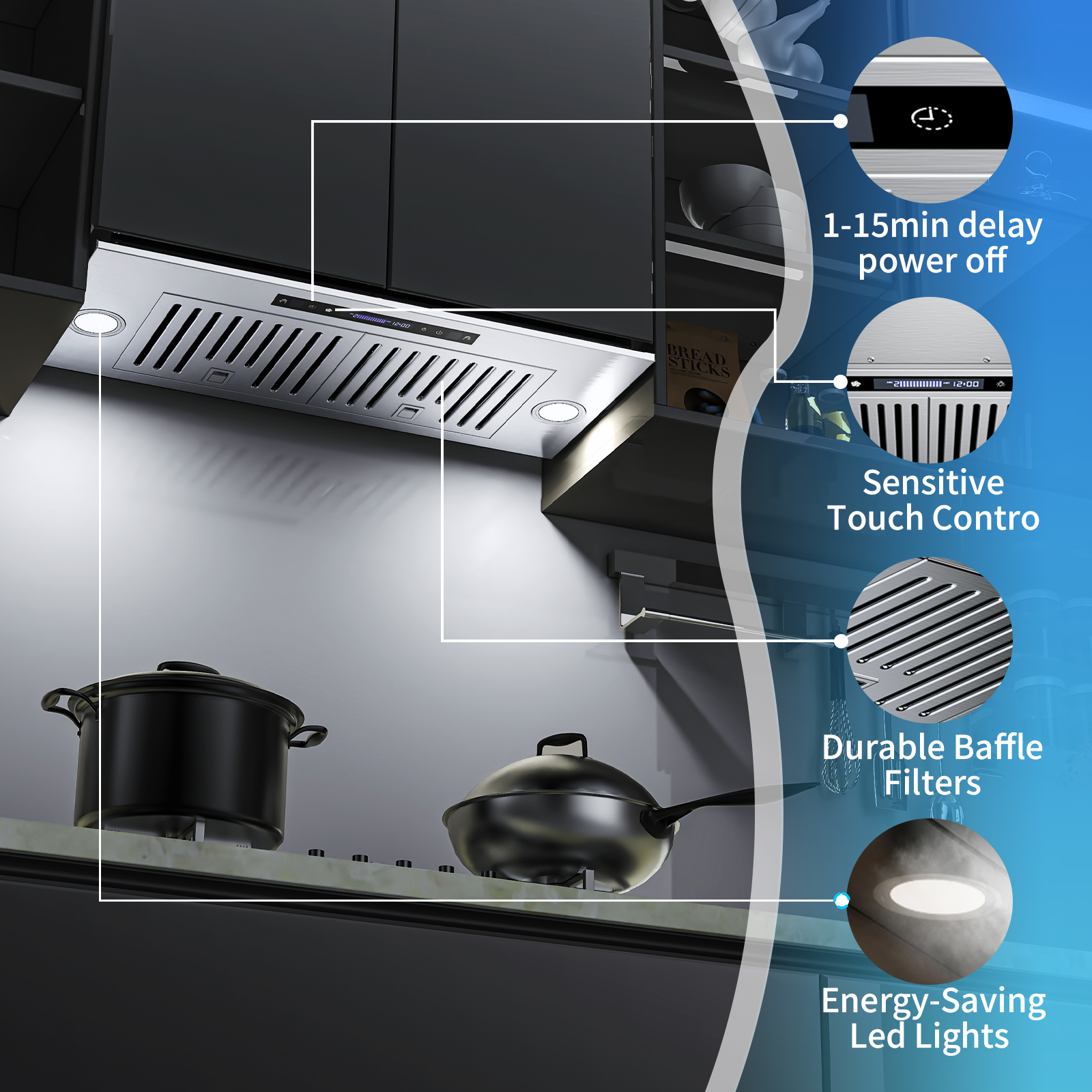 TABU 30 inch Under Cabinet Range Hood, 900 CFM Built-in Range Hood with 4 Speeds,Led Light,Stainless Steel