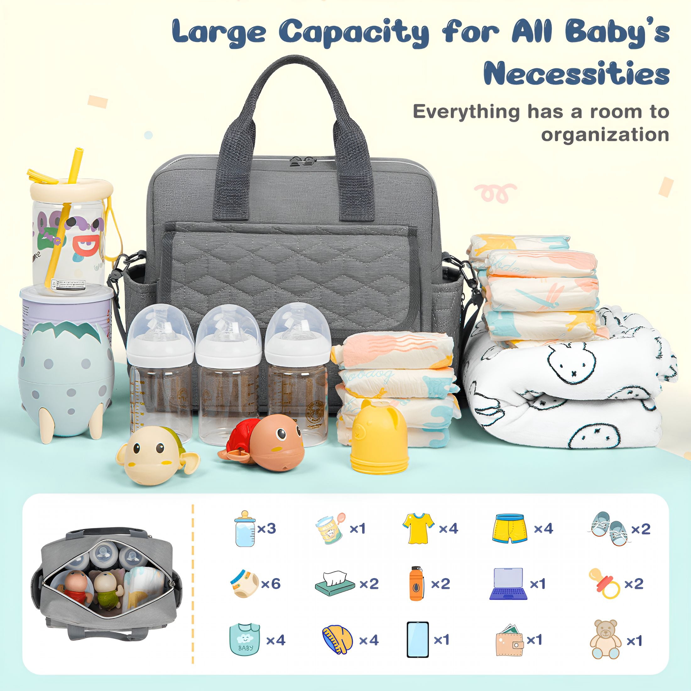GASTROPOD 2026 New Diaper Bag Tote,Large Capacity Baby Diaper Bag with 3 Insulated Pockets,Lightweight Travel Diaper Tote for Mom Dad,Double-Layer Work Bag for Breastfeeding,Shoulder Mommy Bag(Gray)