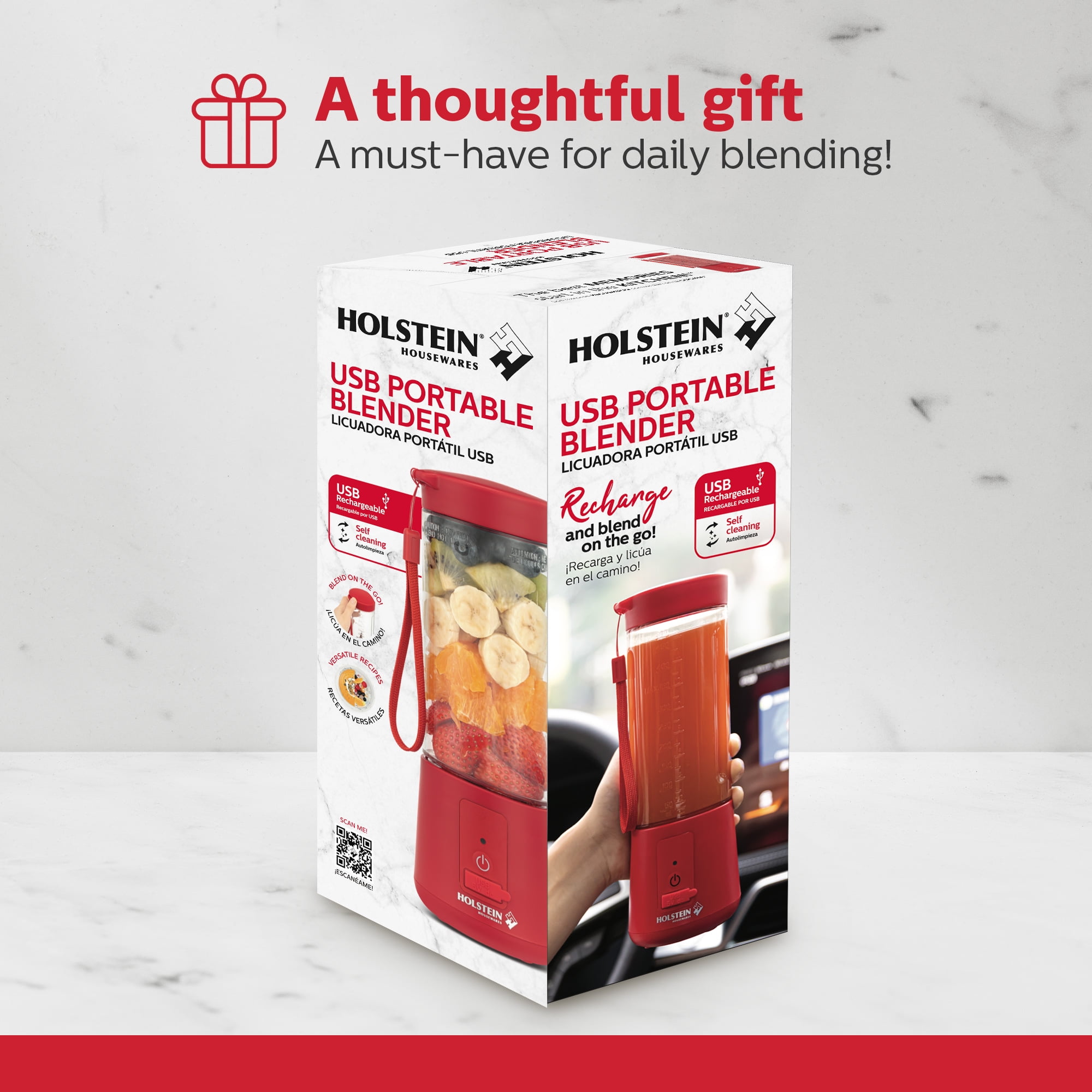 Holstein Housewares Red USB Portable Blender, 16oz, Rechargeable with Type-C Charging, Spill-Proof Lid