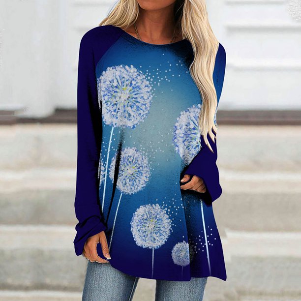 Ichuanyi liquidación mujer camisas casuales de manga larga estampado de cuello redondo tops sueltos ICHUANYI WER202308210657
