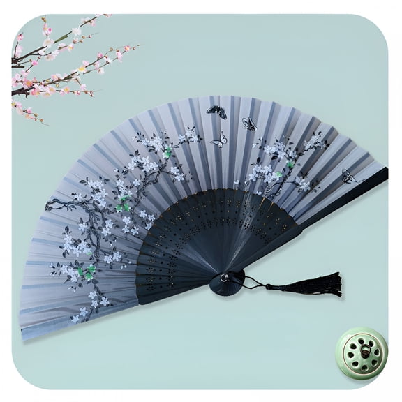 ACDANC Vintage Bamboo Folding Hand Fan Imitation Silk Floral Pattern Cutout Handheld Fan Chinese Style Portable Fan with Tassel Pendant for Church Wedding Dance Party Gift Women Girls