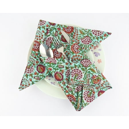 

Pastel Mint Green Dark Cherry Vermilion Red Indian Hand Block Printed Cotton Cloth Napkins 9x9 - Cocktail Napkins 20x20 - Dinner Napkins