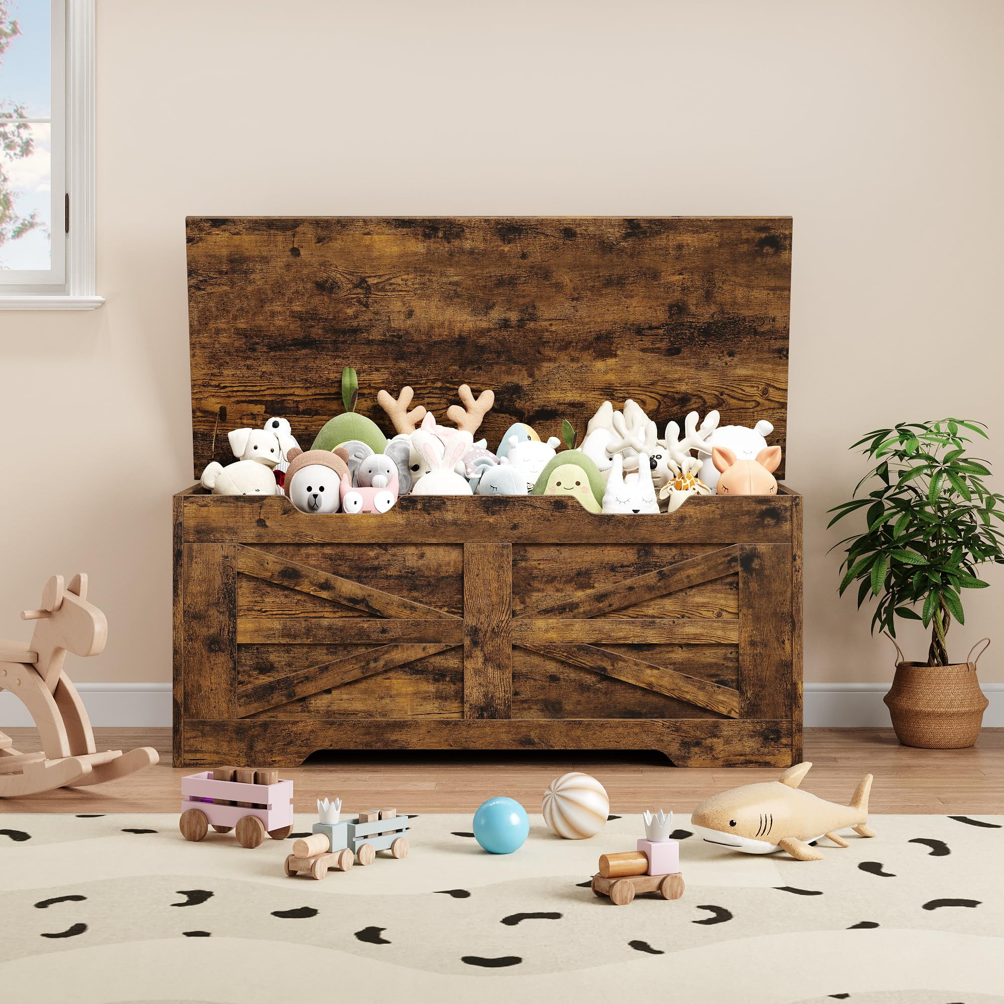 Kojooin Toy Storage Box with Lid, Wooden Toy Organizer, Unisex, with Safety Hinges, Entryway Storage Bench, 350 Lbs Load Capacity, Suitable for Living Room and Playroom