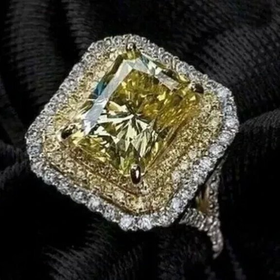 3Ct Canary Lab Created Diamond Double Halo Engagement Ring 14K White Gold Plated