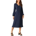 thumbnail image 4 of INSPIRE CHIC Women's Elegant Frilled Long Sleeve V Neck Casual Pleated Fit Flare A-Line Midi Dress S Navy Blue, 4 of 5
