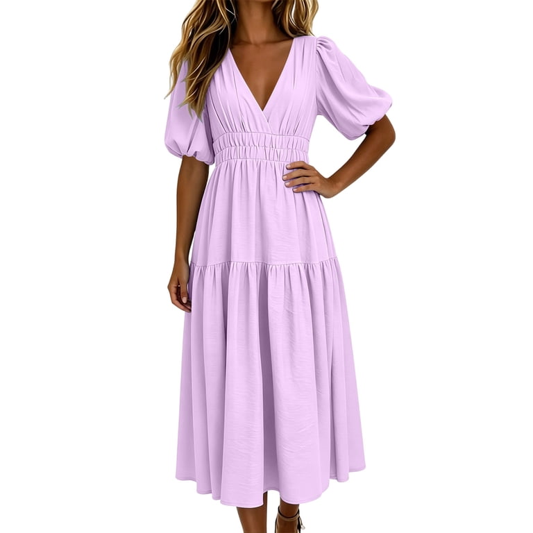 midi fitted summer dress Ayolanni Fitted Waist Summer Dresses for Women Solid 3/4 Sleeve Knee Length Collared Midi Shirt Dress Party Formal Work Sundress with Pockets Blue S,