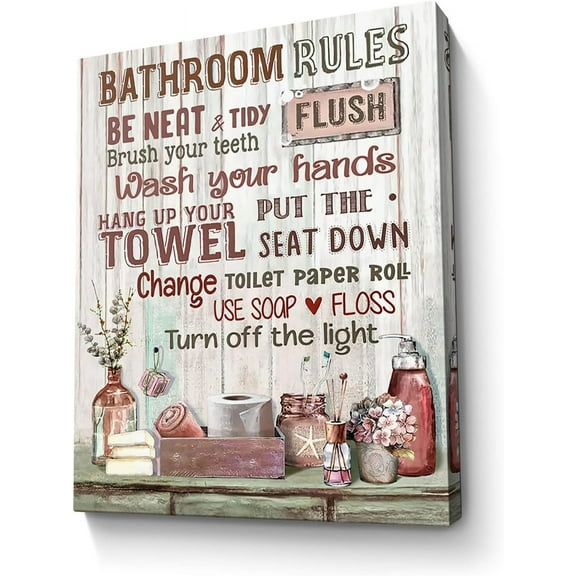 Bathroom Decor Canvas Wall Art Rustic Bathroom Rules Sign Picture Red Bathroom Wall Decor Painting Framed Modern Artwork for Bathroom Toilet LaundryRoom Decor 12x16 inch