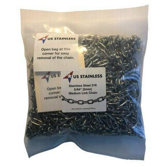 Stainless Steel 316 Chain 5/64" (2mm) Medium Link Chain 50' in Poly Bag