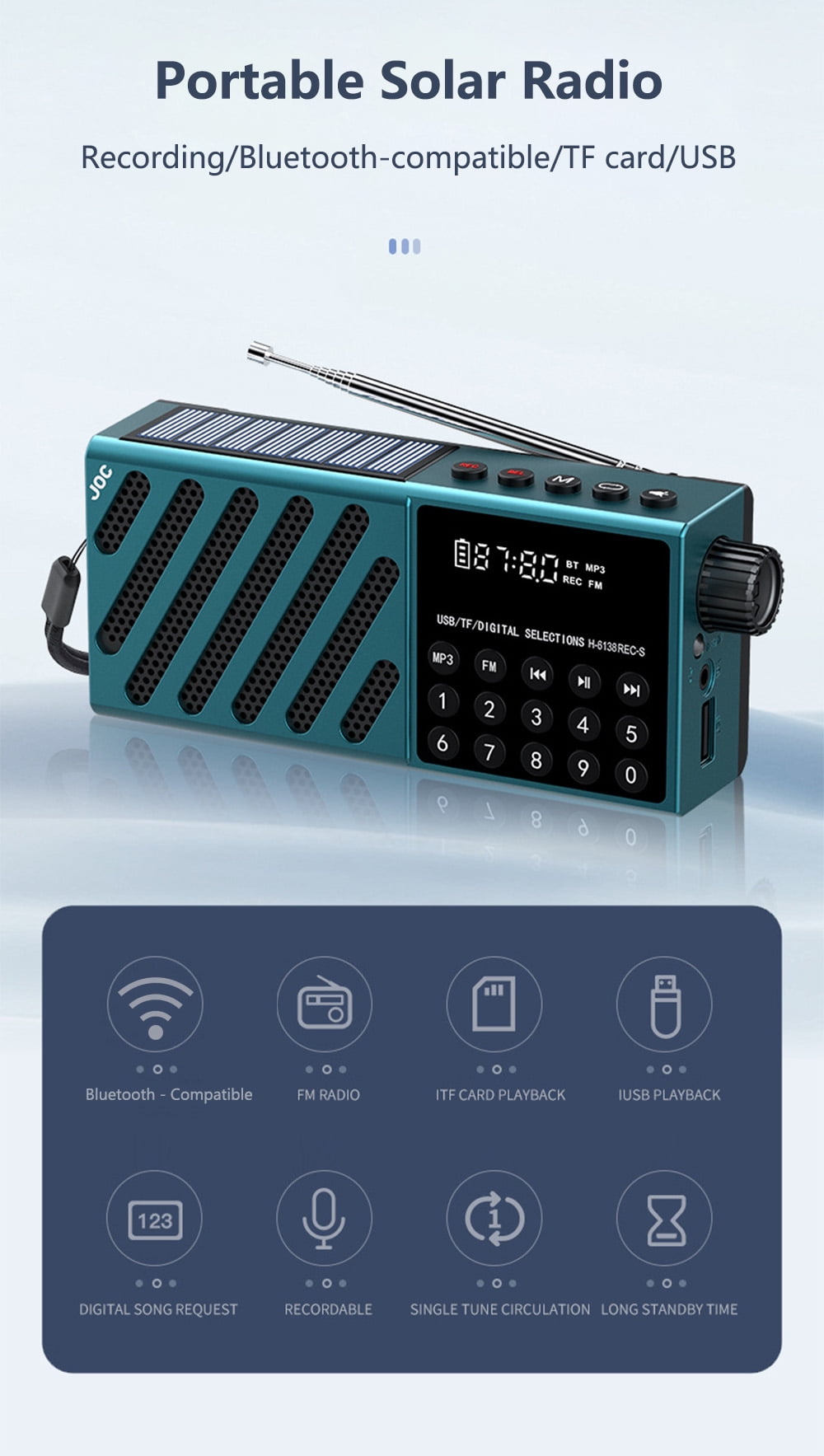 Portable Solar FM Radio with Bluetooth 5.3 Speaker, LED Light, and Recording for Outdoor Emergencies & Camping