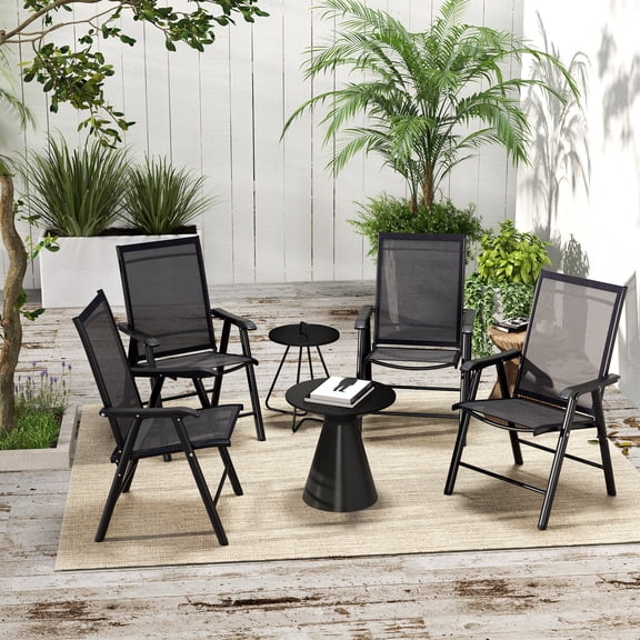 Outsunny Set of 4 Black Folding Patio Chairs, Stackable Outdoor Sling Dining Chairs with Armrests, Steel Frame, No Assembly, Ideal for Lawn, Camping, Beach, 242 lbs Capacity