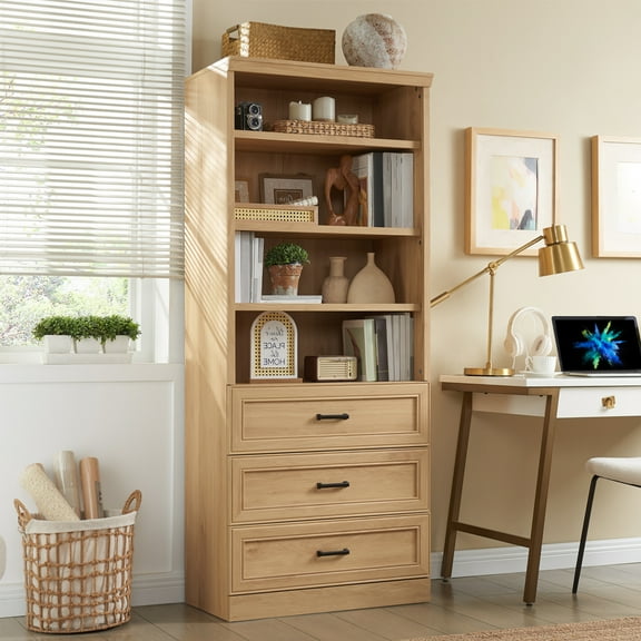 wow97e 4-Shelf Bookcase with Adjustable Shelves and 3 Drawers, 72" Tall Farmhouse Bookshelf for Living Room, Office