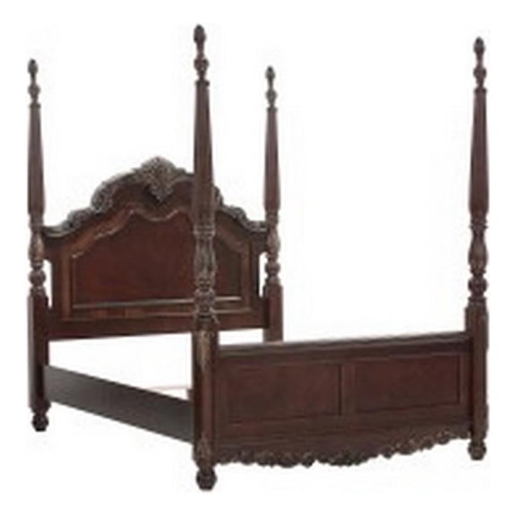 Park Queen Size Poster Bed with Shell Motifs and Burl Inlays- Brown Veneer