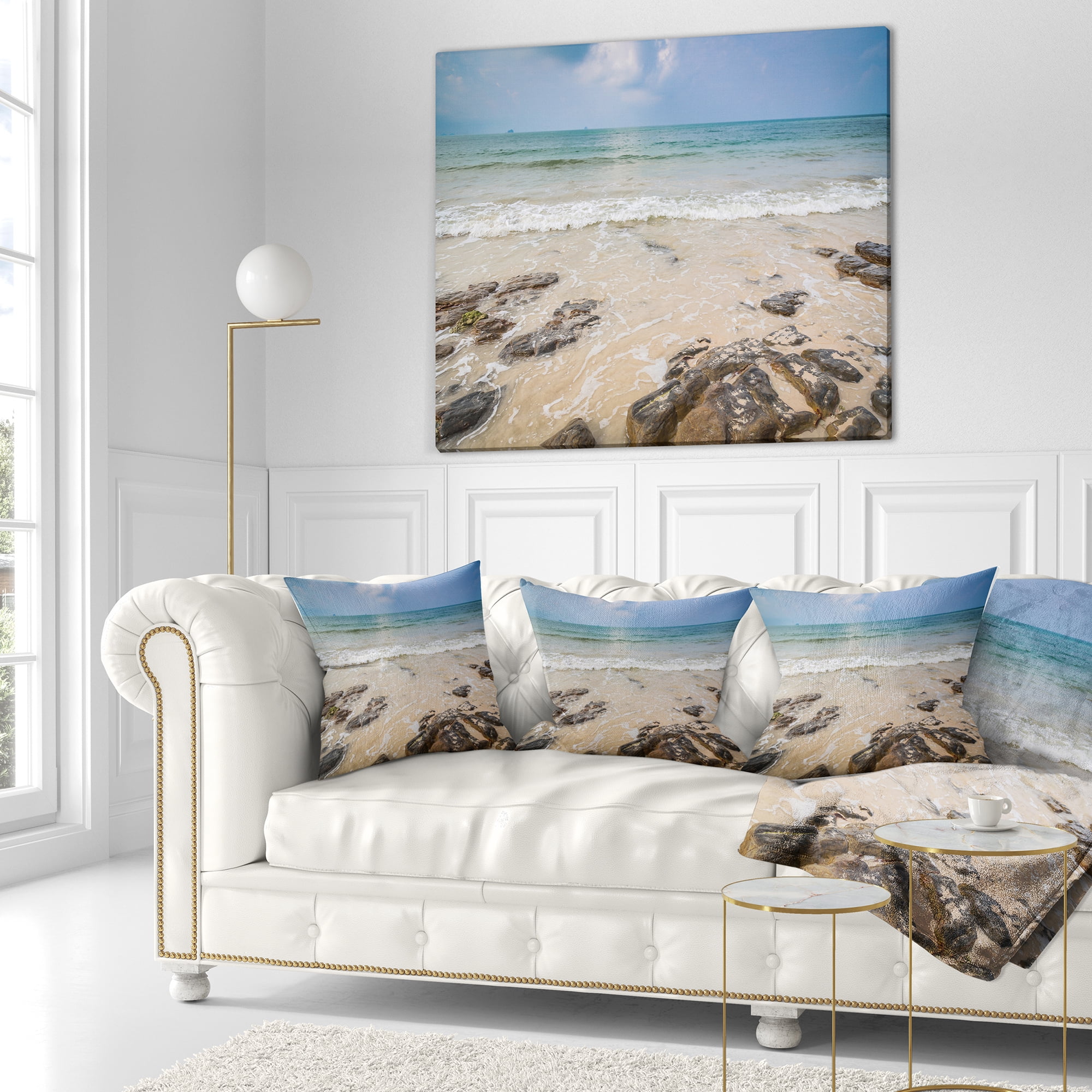Designart Rocks on Typical Tropical Beach - Beach Photo Throw Pillow - 18x18