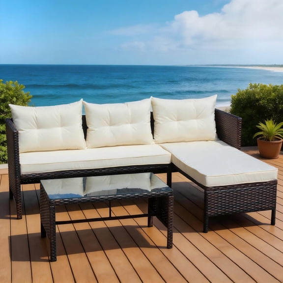 3-Piece Patio Furniture Sets, Wicker Outdoor Conversation Furniture Set, Ratten Sectional Sofa With Cushion and Coffee Table, Brown Beige