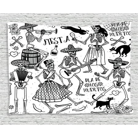 Mexican Decorations Tapestry, Dead Dancers Themed Woman and Man Skeleton Icon Playing Music Design, Wall Hanging for Bedroom Living Room Dorm Decor, 80W X 60L Inches, Black White, by Ambesonne