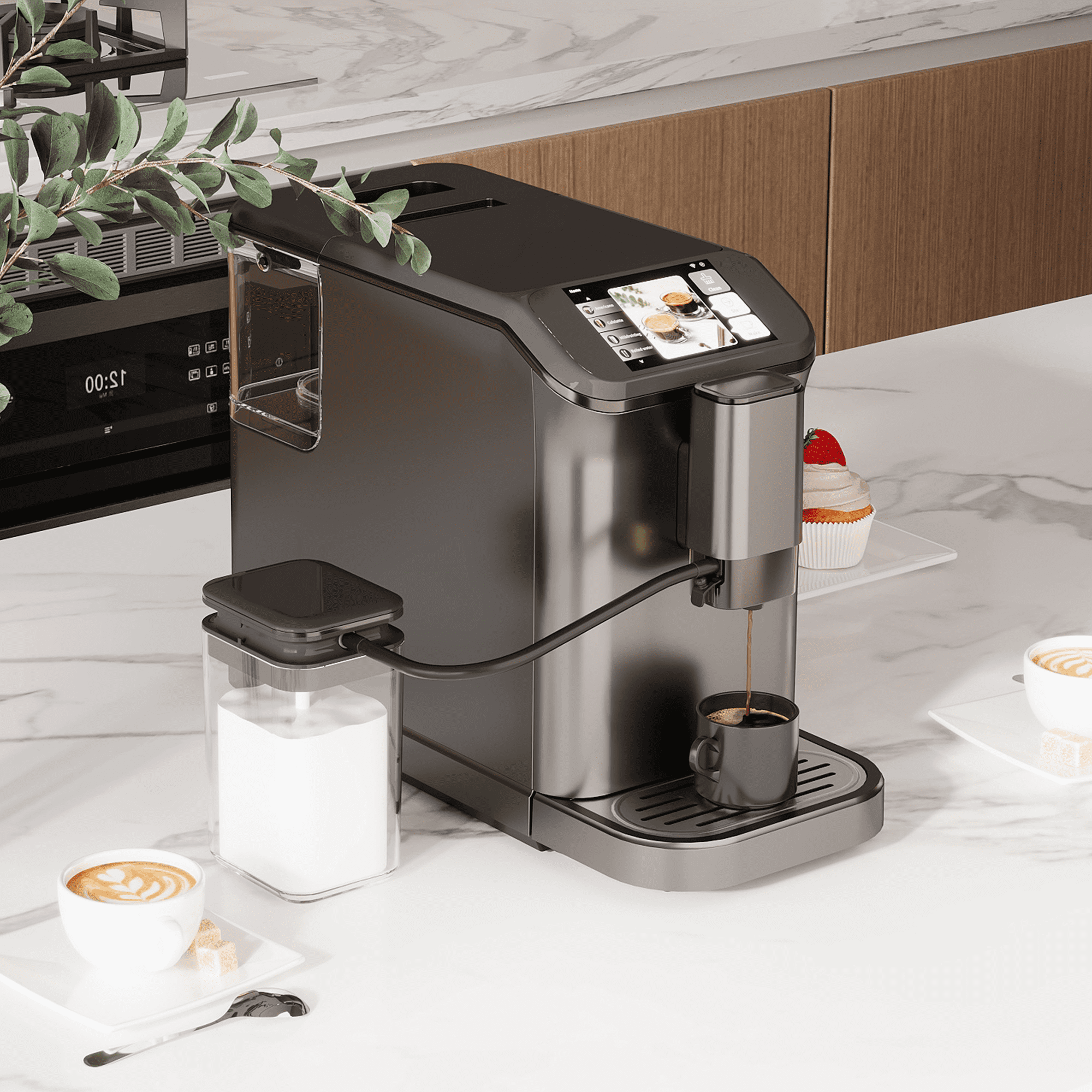 Ataucjin Fully Automatic Espresso Machine with Milk Frother, 4-in-1 Coffee Maker with Built-In Conical Burr Grinder & Touch Display, for Espresso, Cappuccino & Latte
