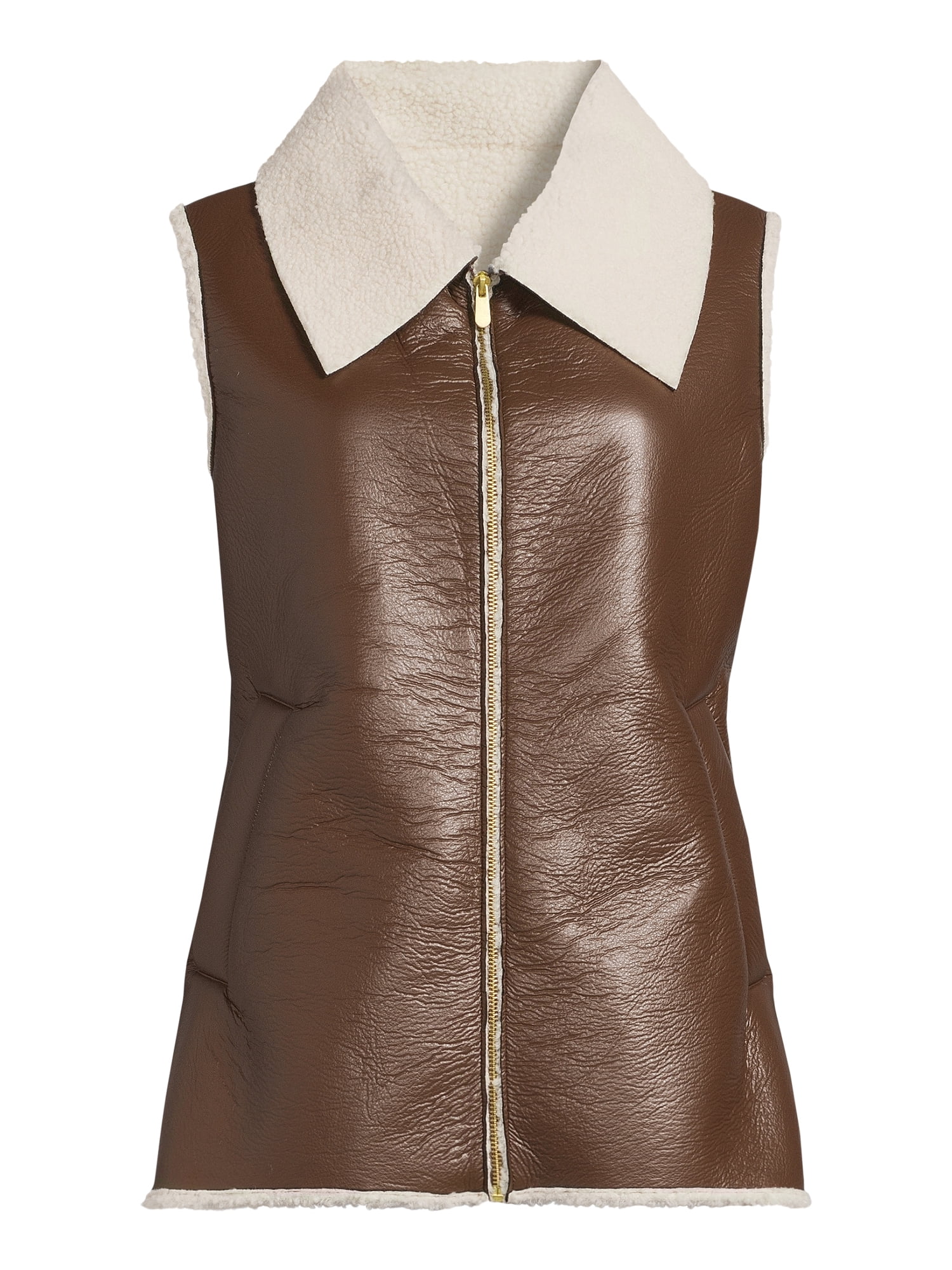 No Boundaries Women's Faux Leather Vest with Faux Shearling Lining, Brown, Size S/M