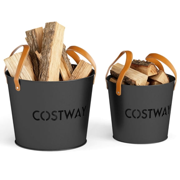 Costway Ash Bucket Set of 2, Metal Coal Ash Can Set with 11.5 Gal & 8.5 Gal Bucket, Black