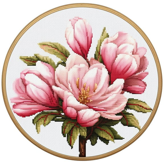 Magnolia Flower Stamped Cross Stitch Kits for Beginners Easy with Hoop 11CT Needlepoint Embroidery Counted Cross Stitch Kits Art Craft Wall Decoration 35x35cm(4)
