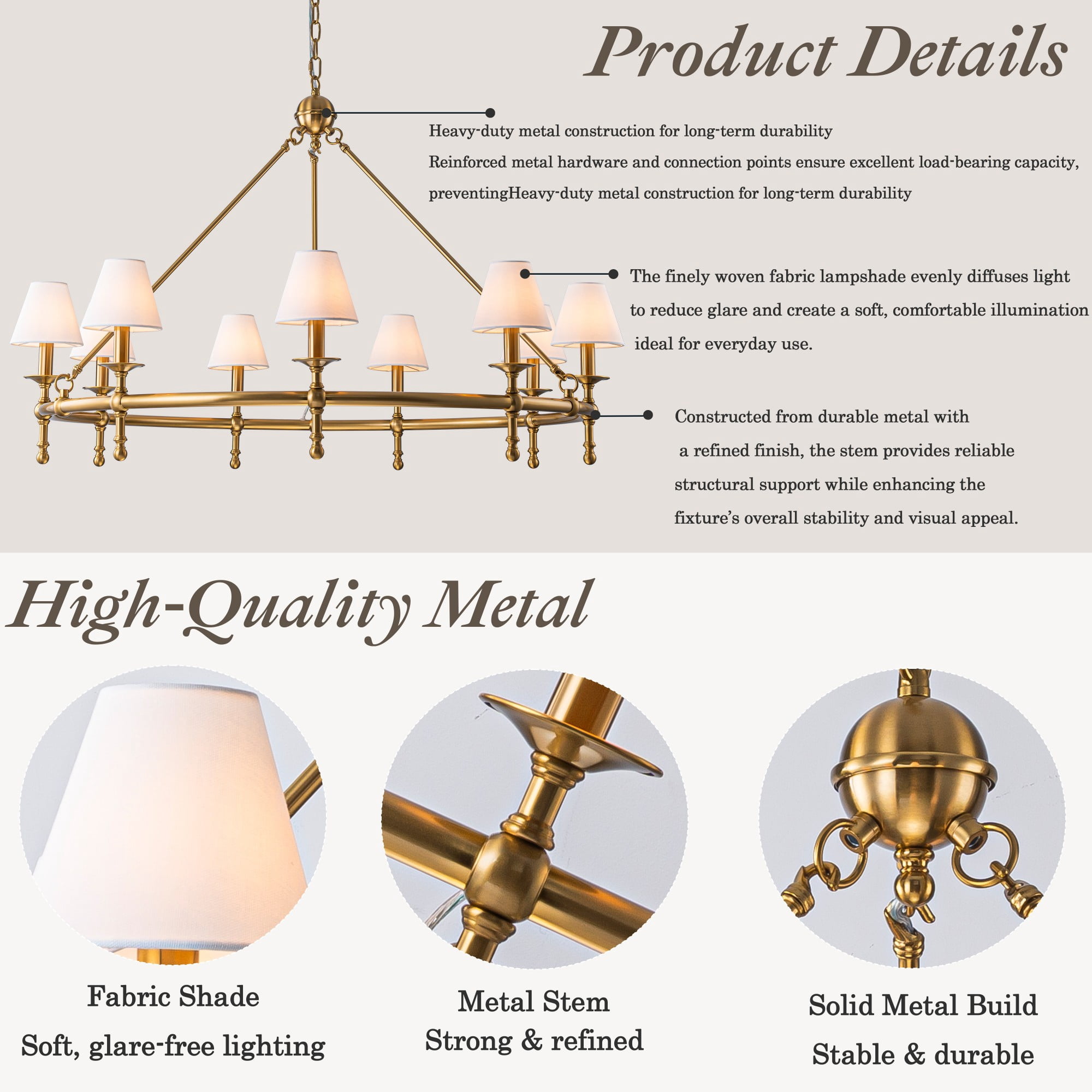 47” Extra Large 9-Light Vintage Brass Chandelier with White Fabric Shades – Classic Pendant Ceiling Light for High Ceilings, Dining Room, Foyer, Entryway
