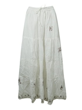 Mogul Cotton White Maxi Skirt A-Line Flare Gypsy Hippie Chic Long Skirts