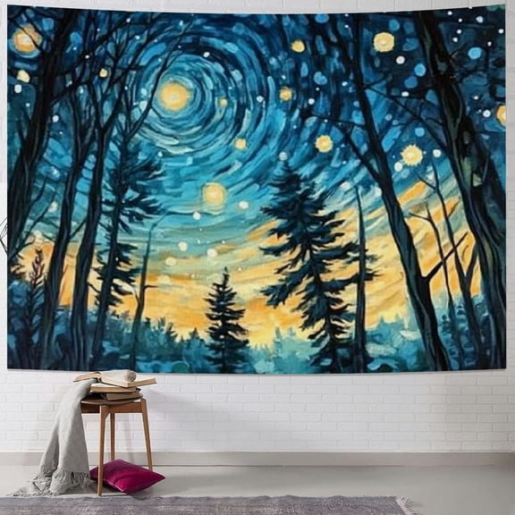 BCIIG Starry Night Forest Tapestry Living Room Bedroom Aesthetic Decoration Polyester Blanket 60x50 inches