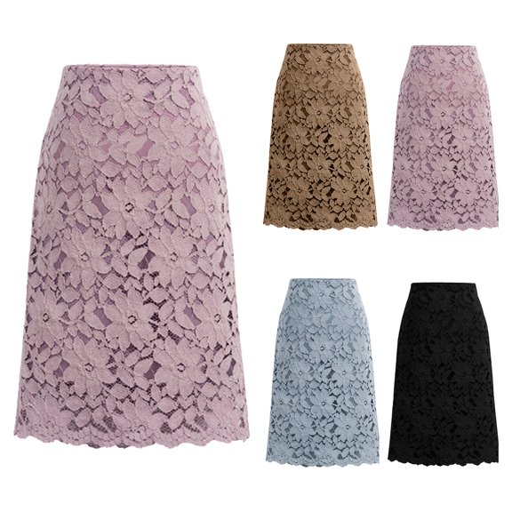 Joernso Bodycon Skirt Hollow Out Lace Elegant A-line High Waist Knee Length Skirt for Office