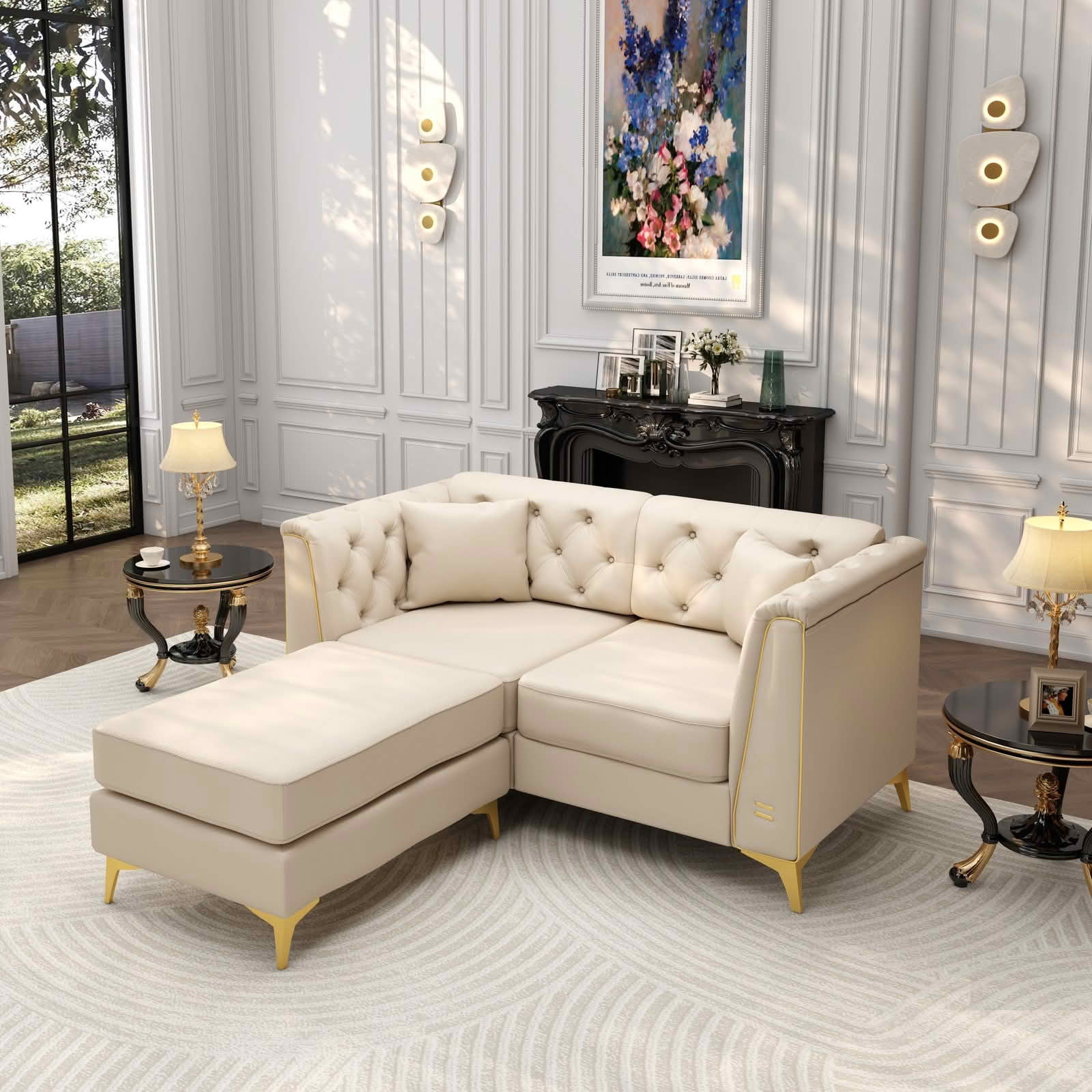 MAYEERTY 61.8" Light Luxury Modular Chesterfield 2‑Seater Sofa with Ottoman, Faux‑Leather Loveseat, Button Tufting, Metal‑Trim Armrest & Slim Metal Legs, 2 Pillows Included