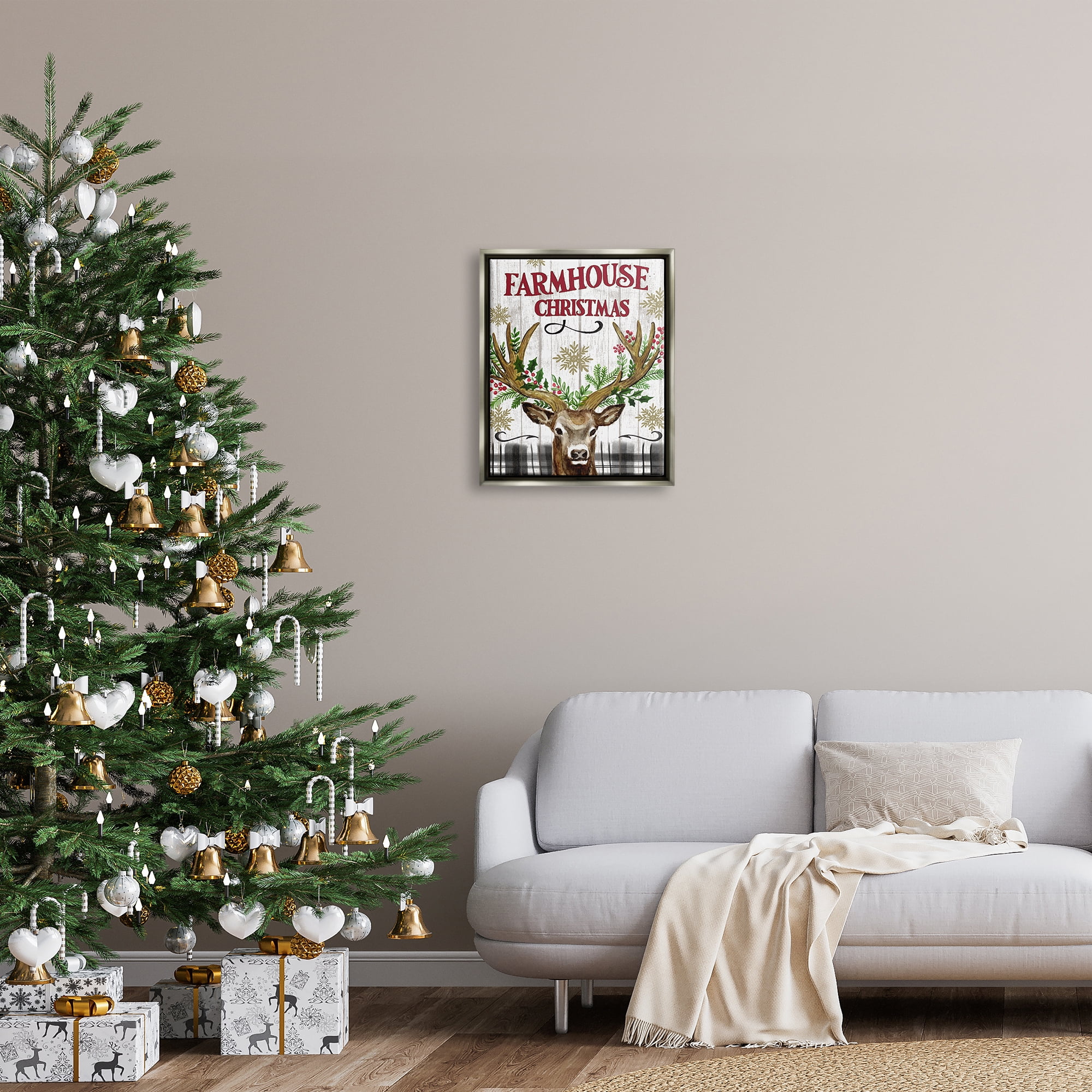 Stupell Industries Farmhouse Christmas with Plaid Holiday Painting Gray Floater Framed Canvas Art Print Wall Art, 17 x 21