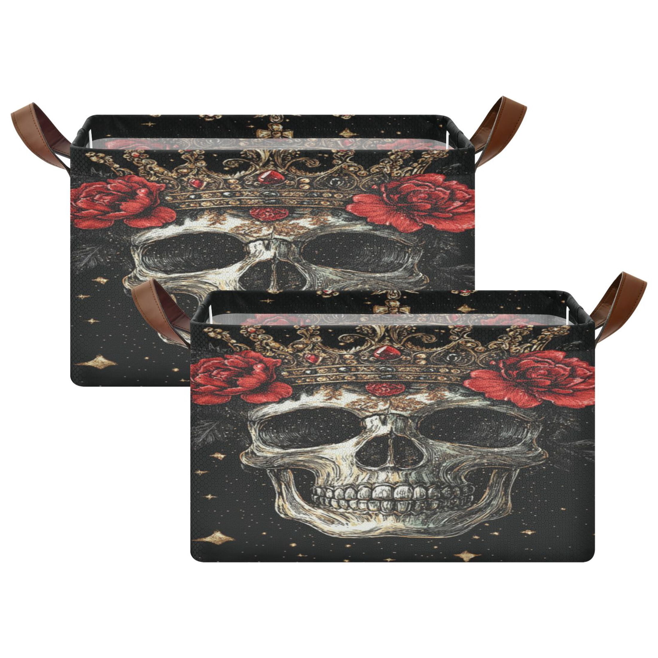 WOBOGO Crown Skull Black Pattern Storage Basket 16.9×11.4×10in Collapsible Oversized with Metal Iron Frame Set of 1