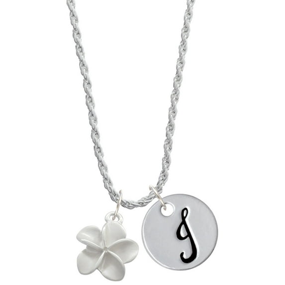 Delight Jewelry Silvertone White Plumeria Flower Silvertone Script Initial Disc - J - Charm Necklace, 20"+3"