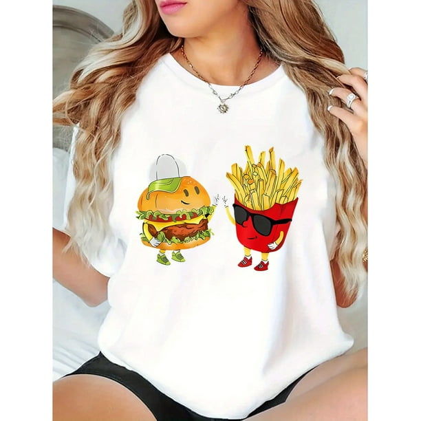 Women's Trendy Hamburger & Fries Print Tee - Casual Crew Neck Short Sleeve, Stretchy Polyester Blend, Machine Washable - Perfect for Summer, Creative Pattern, Holiday Comfort