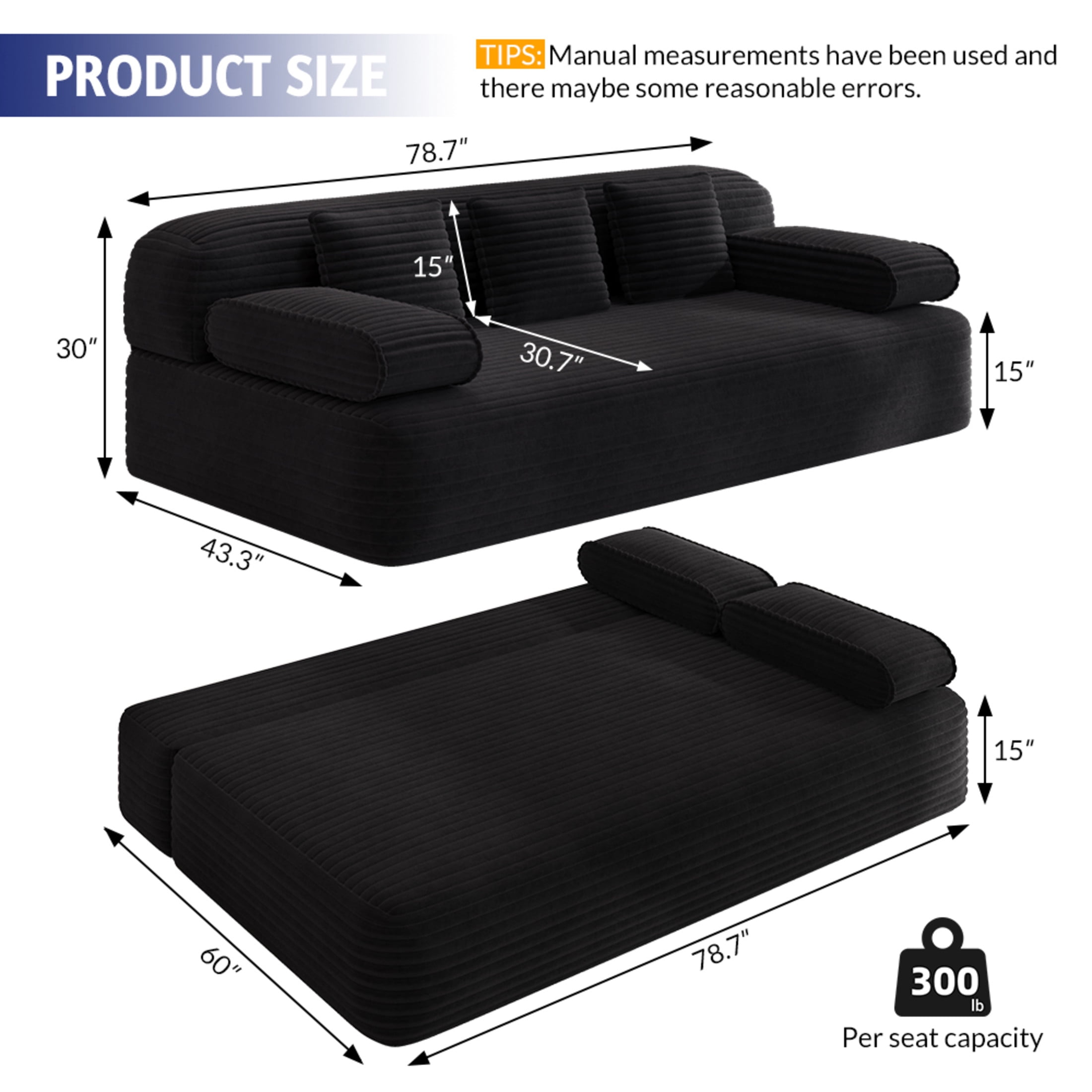 Noble House 79" Frameless Convertible Sofa Bed, 2-in-1 Corduroy 3-Seater Cloud Couch, Small Spaces, Apartments, Black