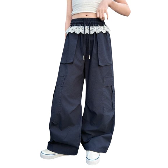 CPNG Girls Cargo Pants Elastic Waist Wide Leg Cargo Sweatpants with Lace Trim Trendy Baggy Casual Lightweight Cargo Trousers