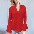 thumbnail image 2 of Holzkary Women's Long Bell Sleeve Tops Ruffle Blouse for Work Dressy Casual Work Tunic Shirts Clothes 2025 Fashion V Neck Drilling Solid Color Long Sleeve Blouses Light Weight Work Shirts Red M, 2 of 5
