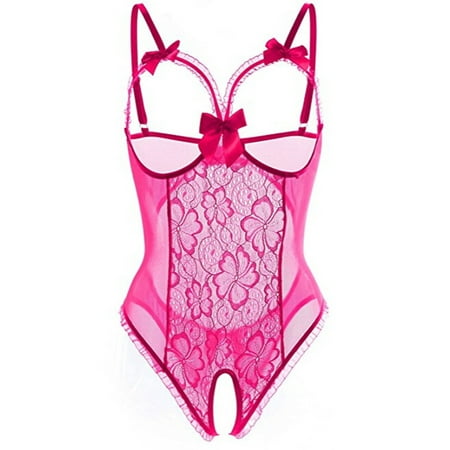 

BIZIZA Womens One Piece Teddy Sexy Lingerie Bodysuit Babydoll Lace See Through Hot Pink L