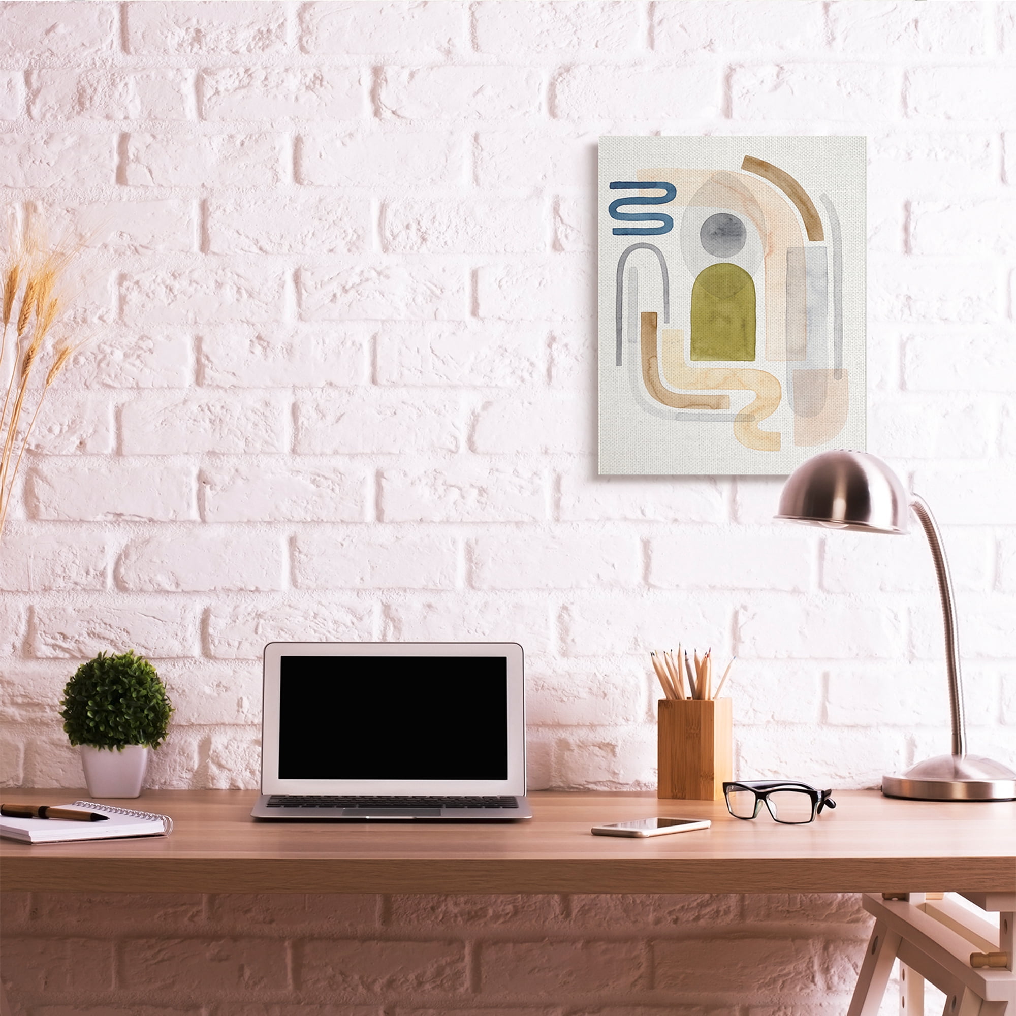 Stupell Industries Deco Shape Abstraction Neutral Blue Beige Curves Abstract Painting Gallery Wrapped Canvas Art Print Wall Art, 24 x 30