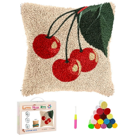 Latch Hook Kits Pillow Red Cherries Stamped Pillowcase Handamade Crochet Yarn Hook and Latch Emboridery Throw Pillow cover for Home Sofa Decoration 43x43cm(2)